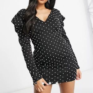 Padded shoulder pearl embellished mini dress